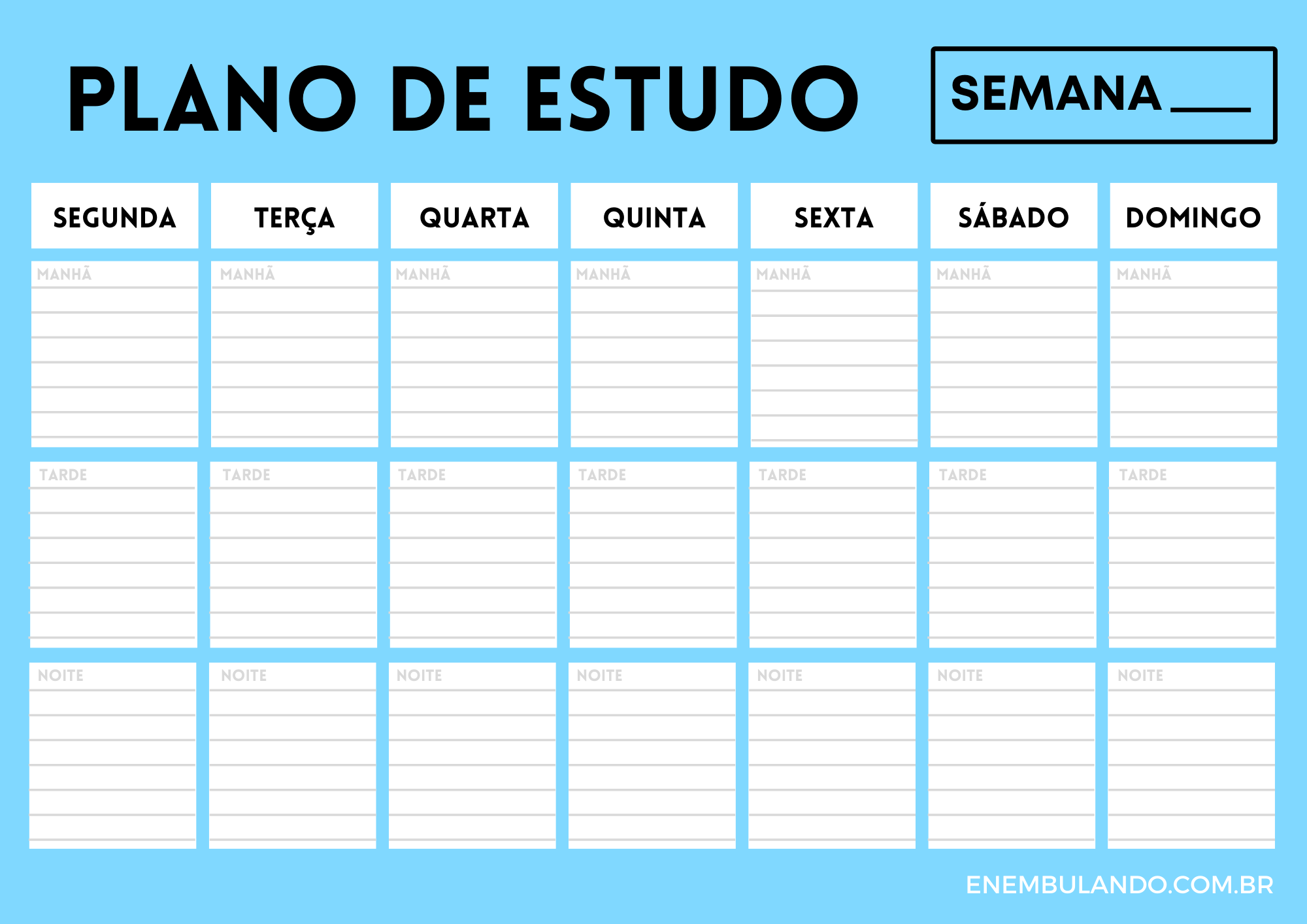 Plano de estudo - Cronograma Semanal - Azul Claro